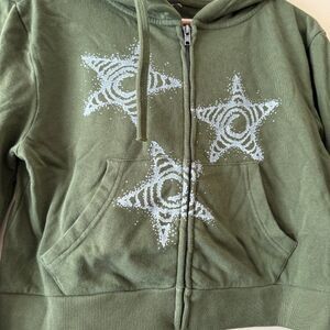 Social Collision Sweater Crop Hoodie Full Zip Green size M